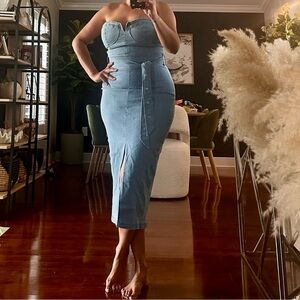Strapless Denim Midi Dress
